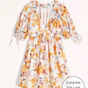 Poplin Puff Sleeve Babydoll Mini Dress in color: Orange Floral